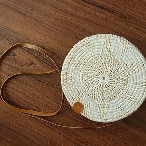 Elegant White and Tan Woven Round Bag